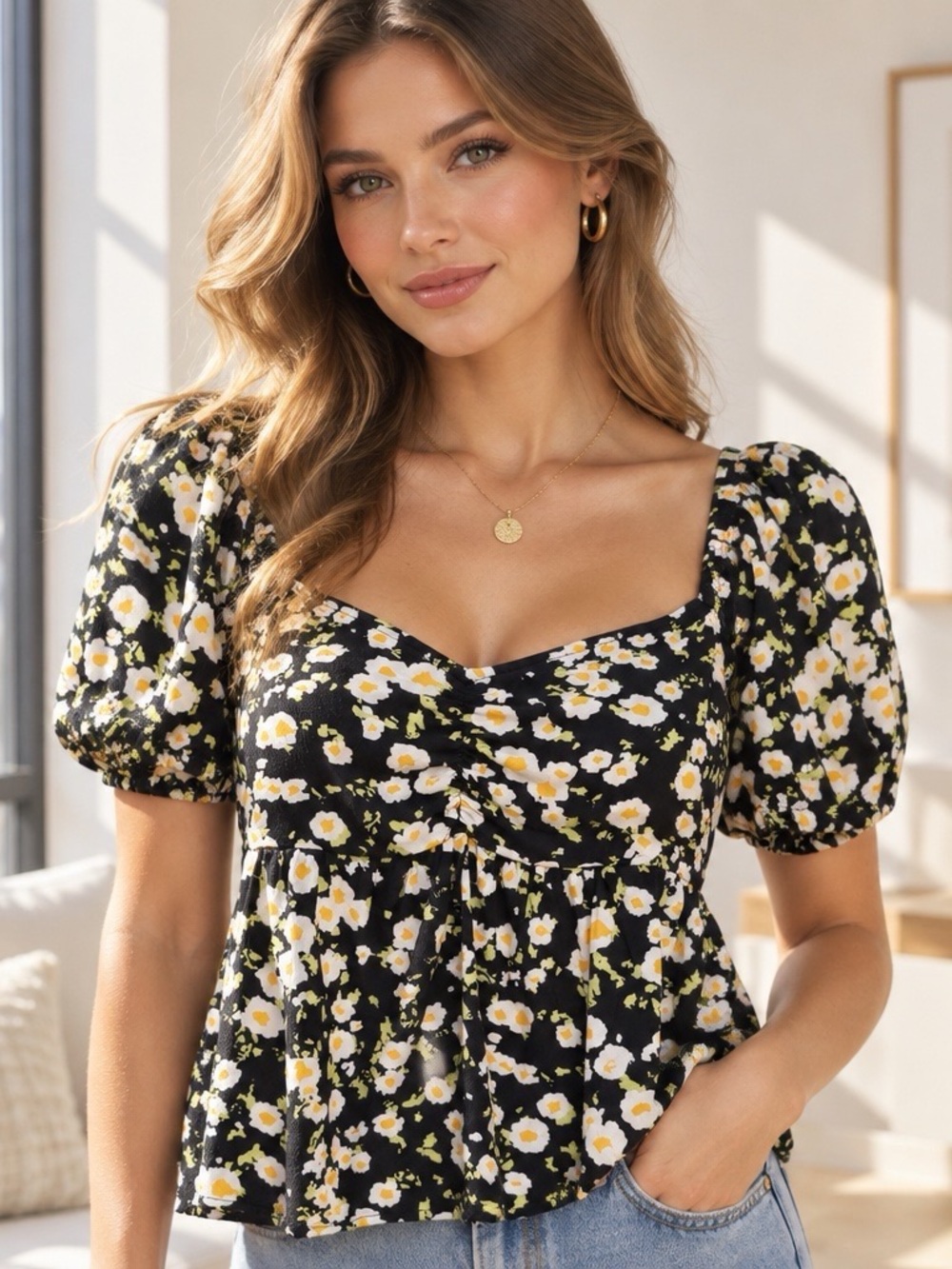 Abound XS Black Daisy Floral Puff Sleeve Babydoll Peplum Top